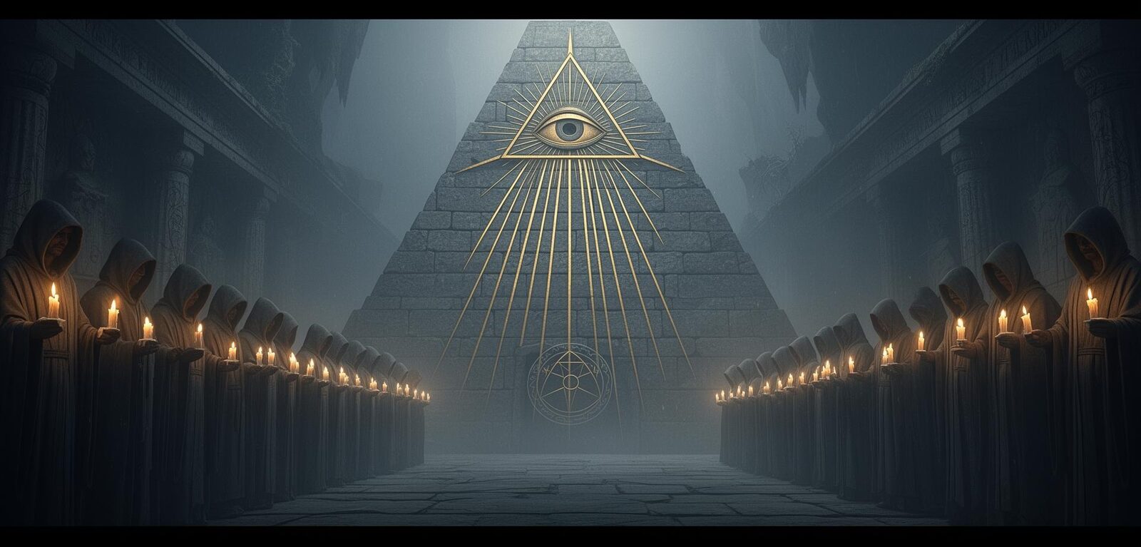 All-seeing eye pyramid surrounded by hooded figures β Illuminati Nation